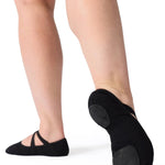 Capezio Hanami canvas ballet shoe in Black, lateral side and outsole view showing split-sole and cross elastic straps