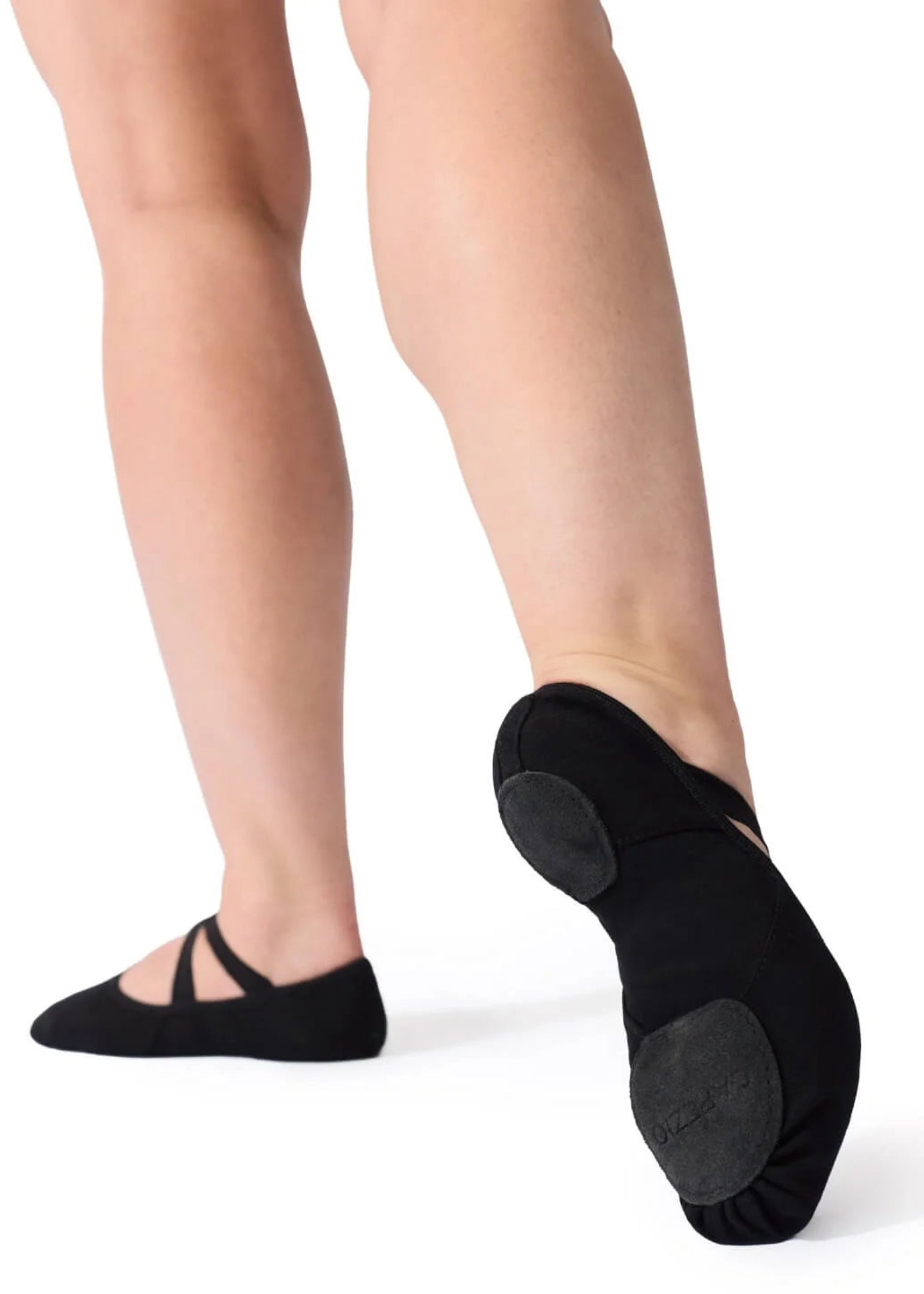 Capezio Hanami canvas ballet shoe in Black, lateral side and outsole view showing split-sole and cross elastic straps