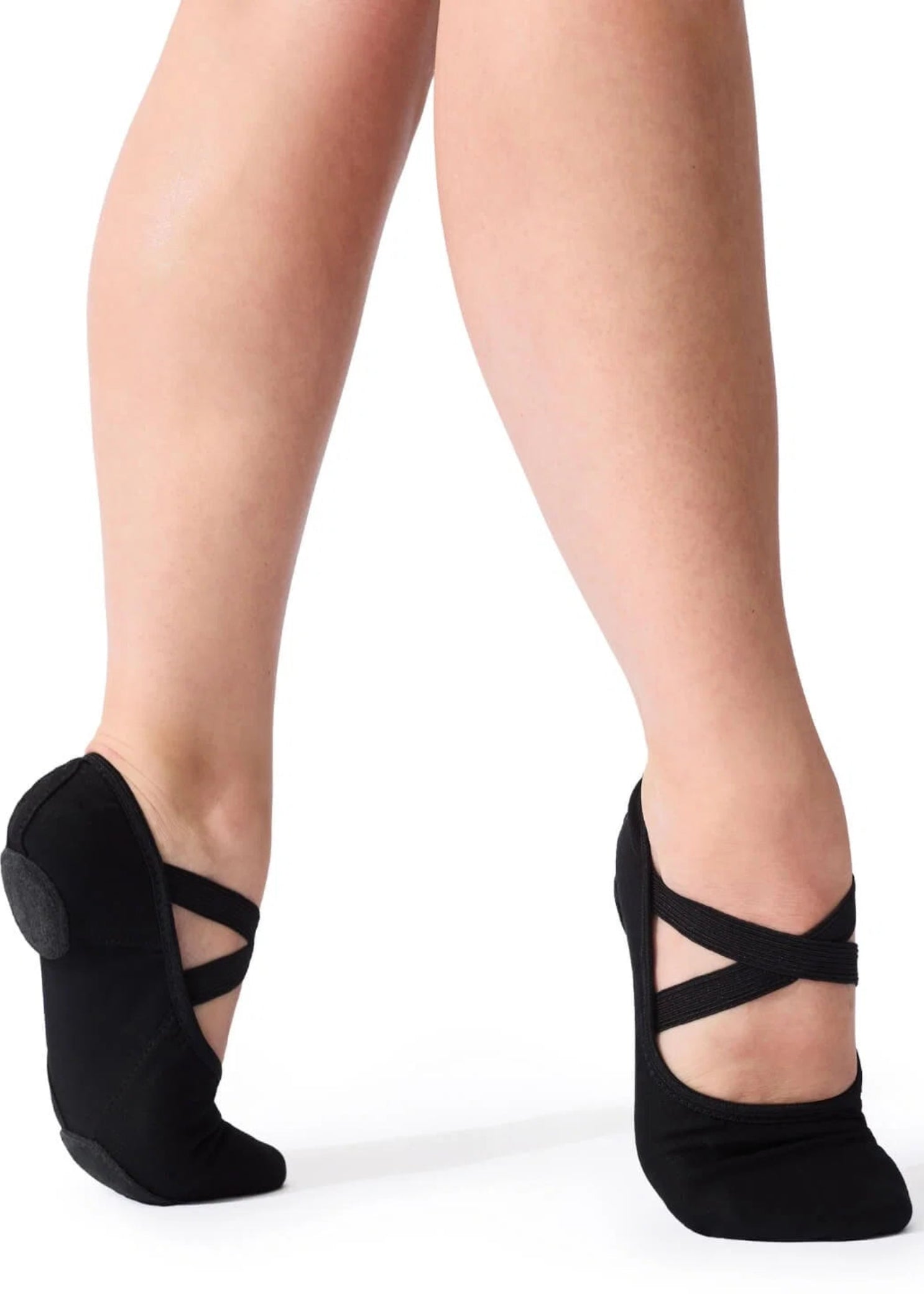 Capezio Hanami canvas ballet shoe in Black, front view showing cross elastic straps and split-sole