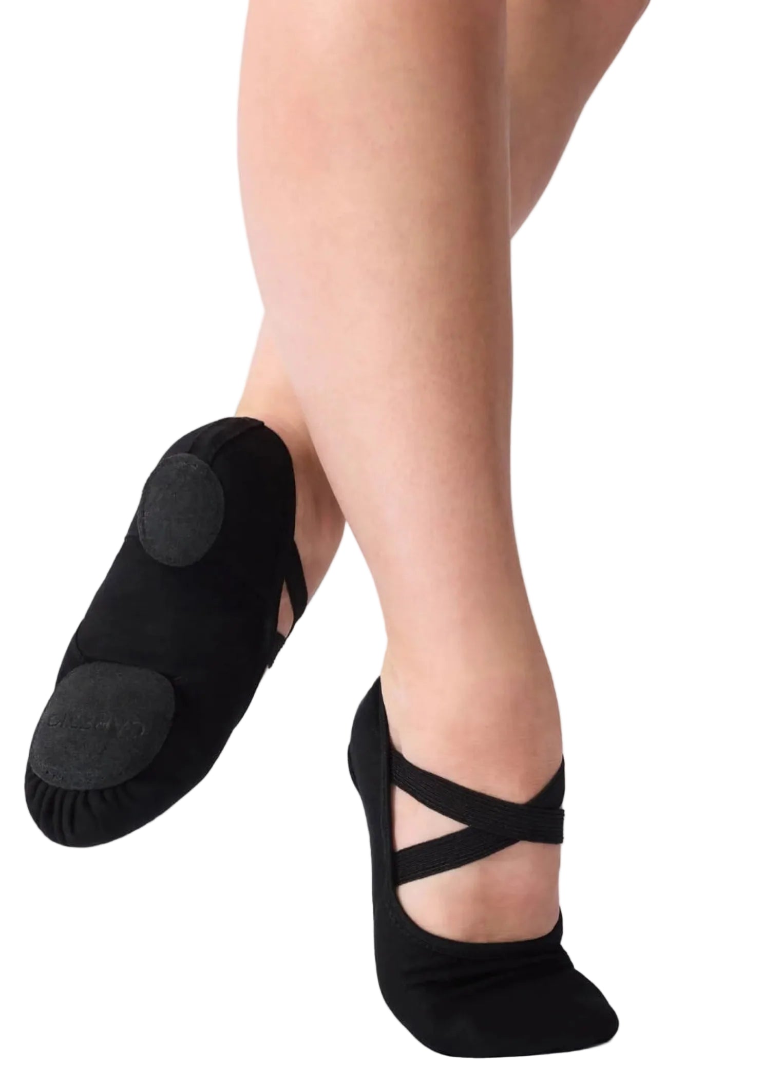 Capezio Hanami canvas ballet shoe in Black, outsole view showing split-sole construction and elastic