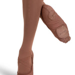 Capezio Hanami Canvas Ballet Shoe in Mocha, front view showing canvas upper with criss-cross elastics and outsole