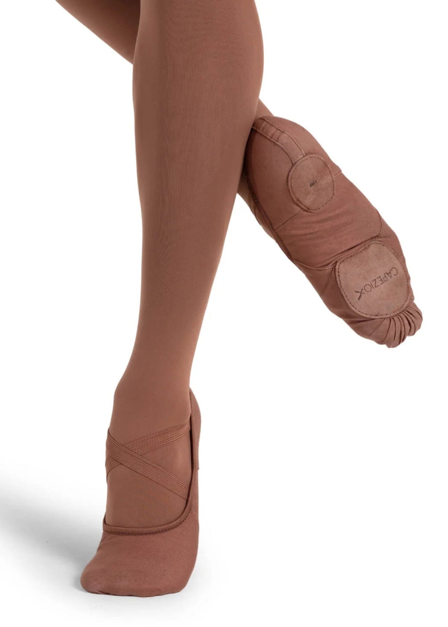 Capezio Hanami Canvas Ballet Shoe in Mocha, front view showing canvas upper with criss-cross elastics and outsole