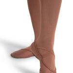 Capezio Hanami Canvas Ballet Shoe in Mocha, side view showing medial canvas upper with criss-cross elastics