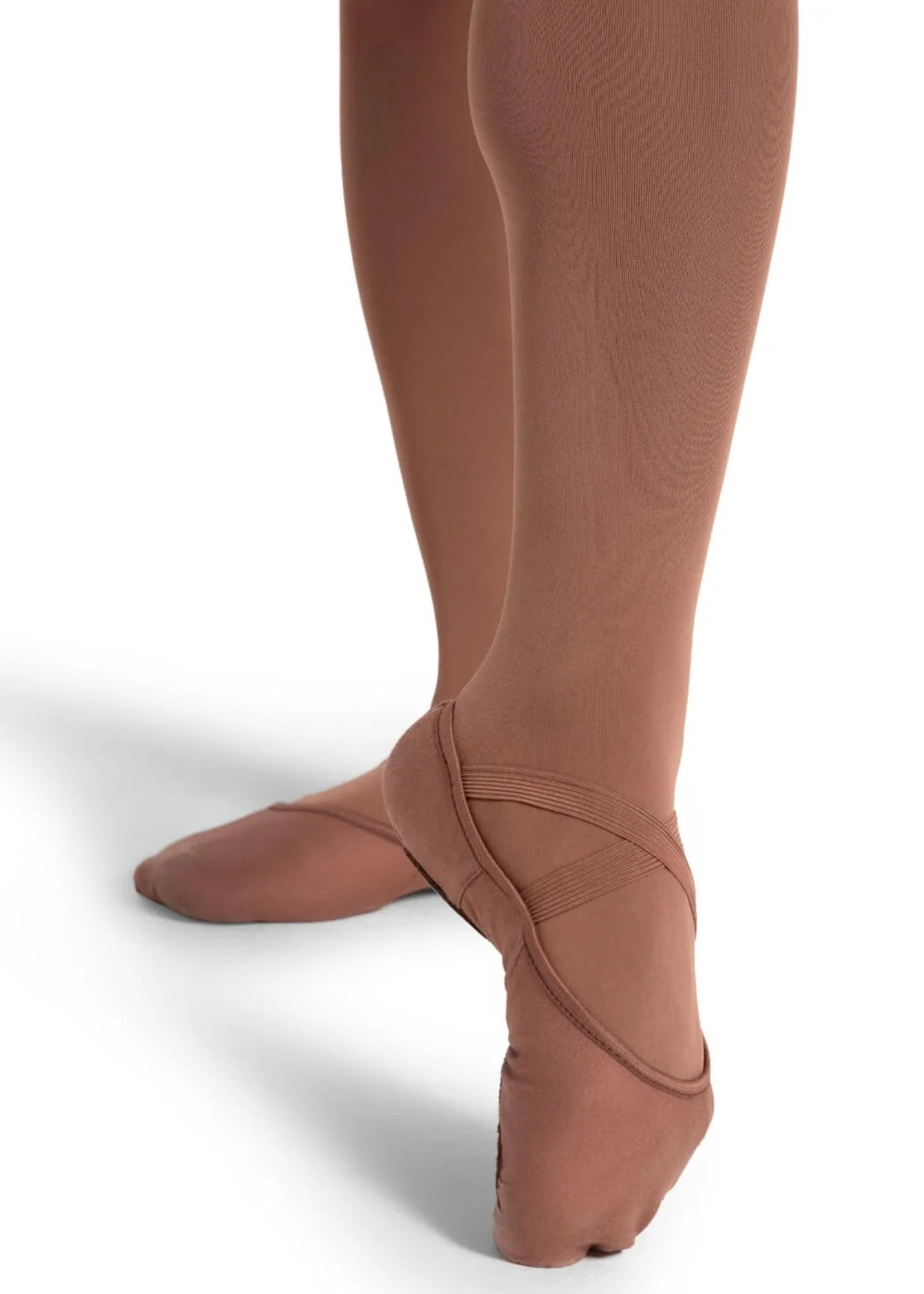 Capezio Hanami Canvas Ballet Shoe in Mocha, side view showing medial canvas upper with criss-cross elastics