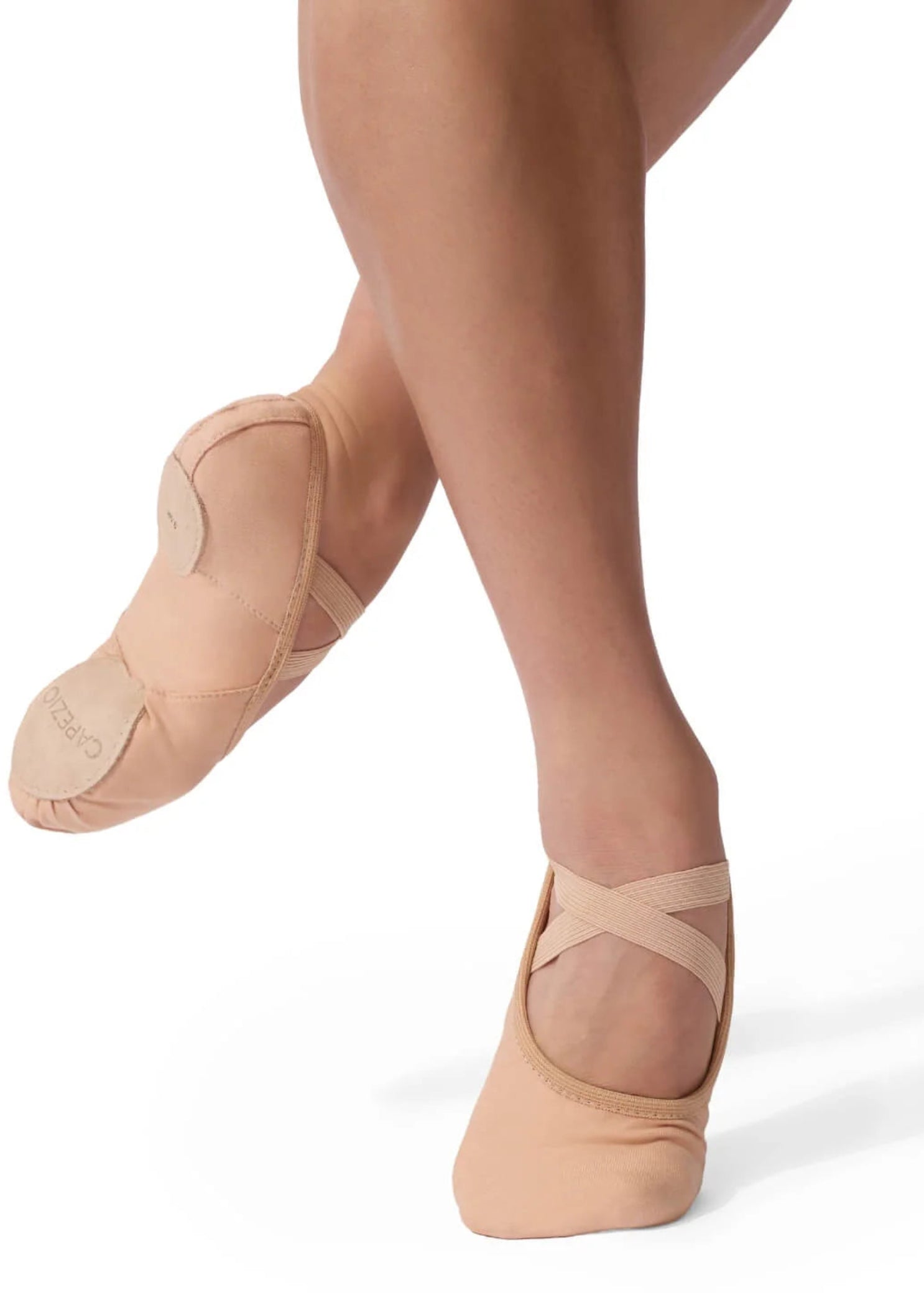 Capezio Hanami canvas ballet shoe in Nude, front view showing cross elastic straps and split-sole