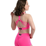 Elevate Her Heartline Bra Top in Neon Pink, side view showing open strappy back, stretch fabric and wide underband