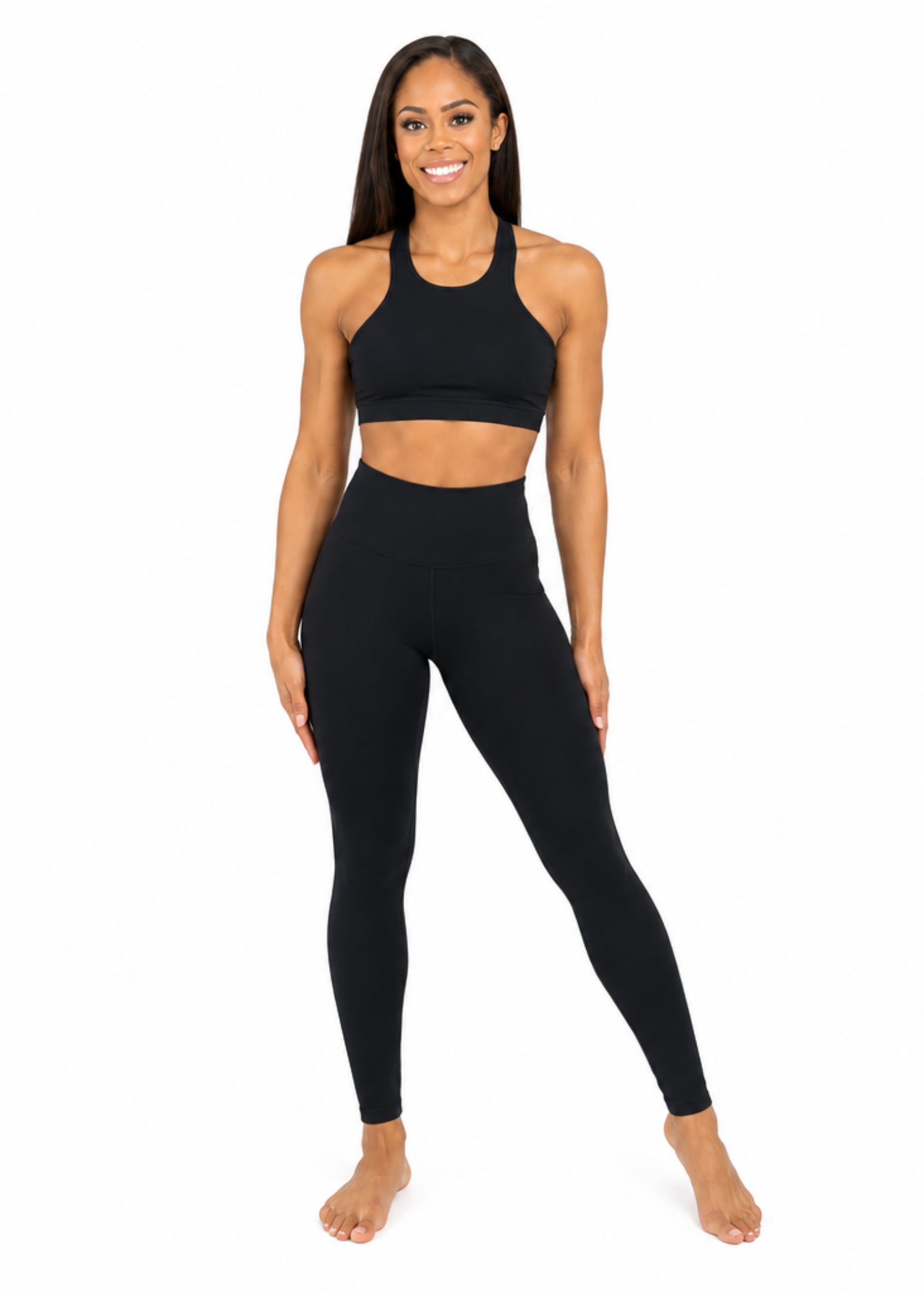 BP Designs High Waist Interlock Pant in Black, front view showing high-rise waistband and full-length fit