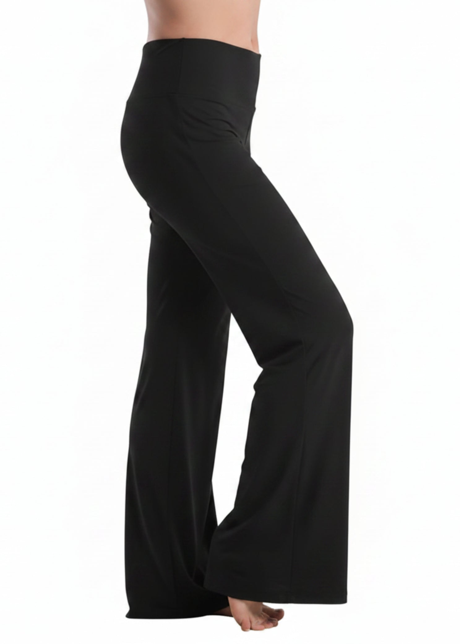 Ballet Pink Designs high waist jazz pant in Black, side view showing wide-leg silhouette with broad fold-over waistband, smooth silkskyn fabric finish, and full-length flared leg