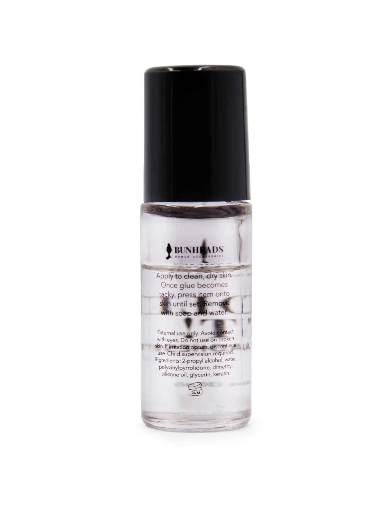Capezio Hold It Body Glue in Clear, back view showing bottle label and ingredient details