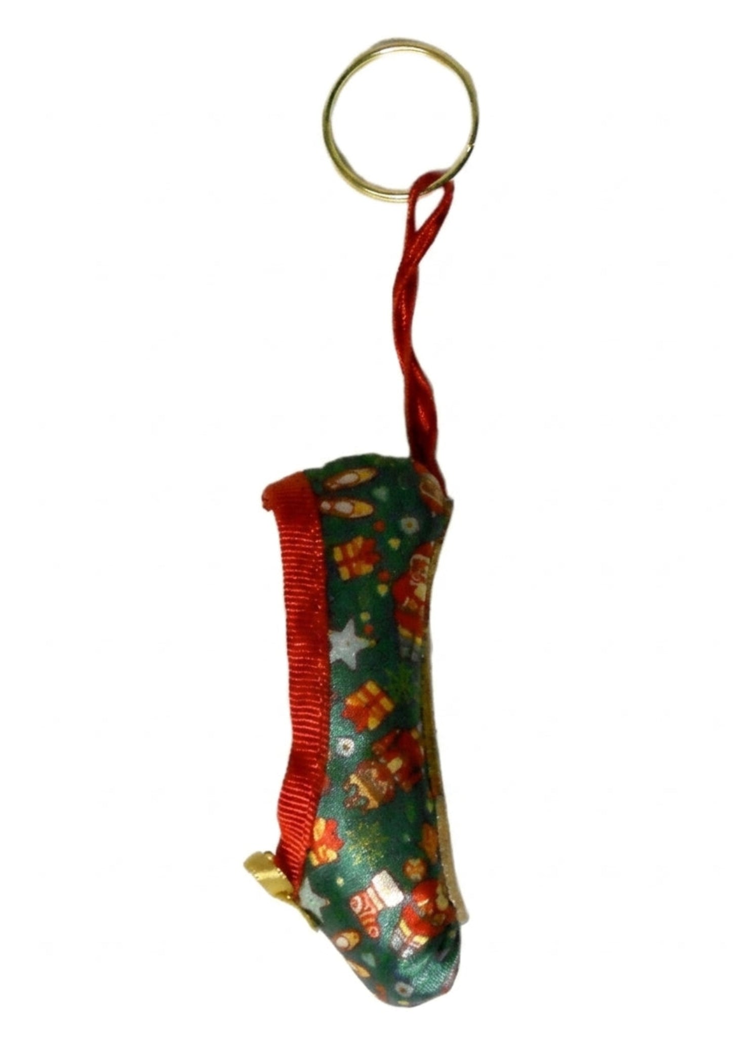 Pillows for Pointes Holiday Mini Pointe Shoe Keychains in Green, hanging side view showing satin shoe and ribbon loop