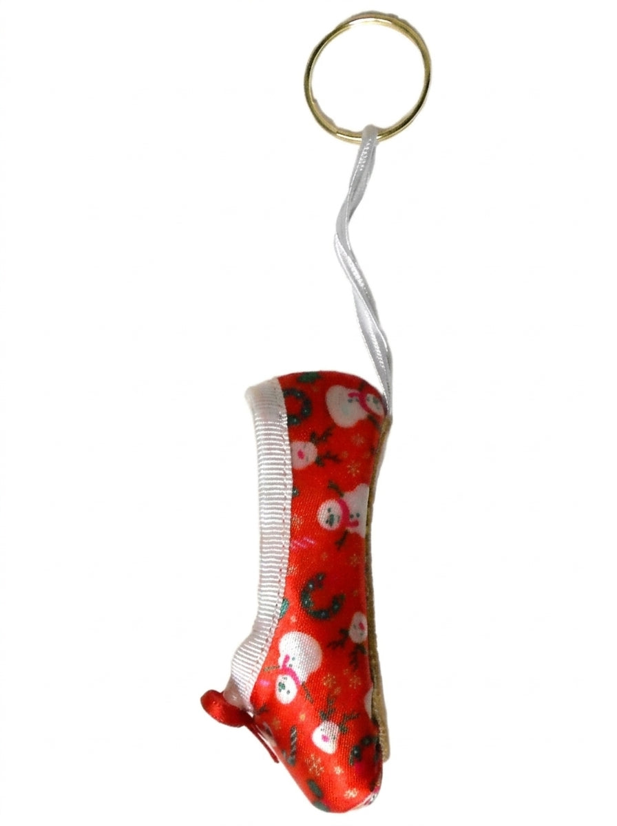 Pillows for Pointes Holiday Mini Pointe Shoe Keychains in Green, hanging side view showing satin shoe and ribbon loop