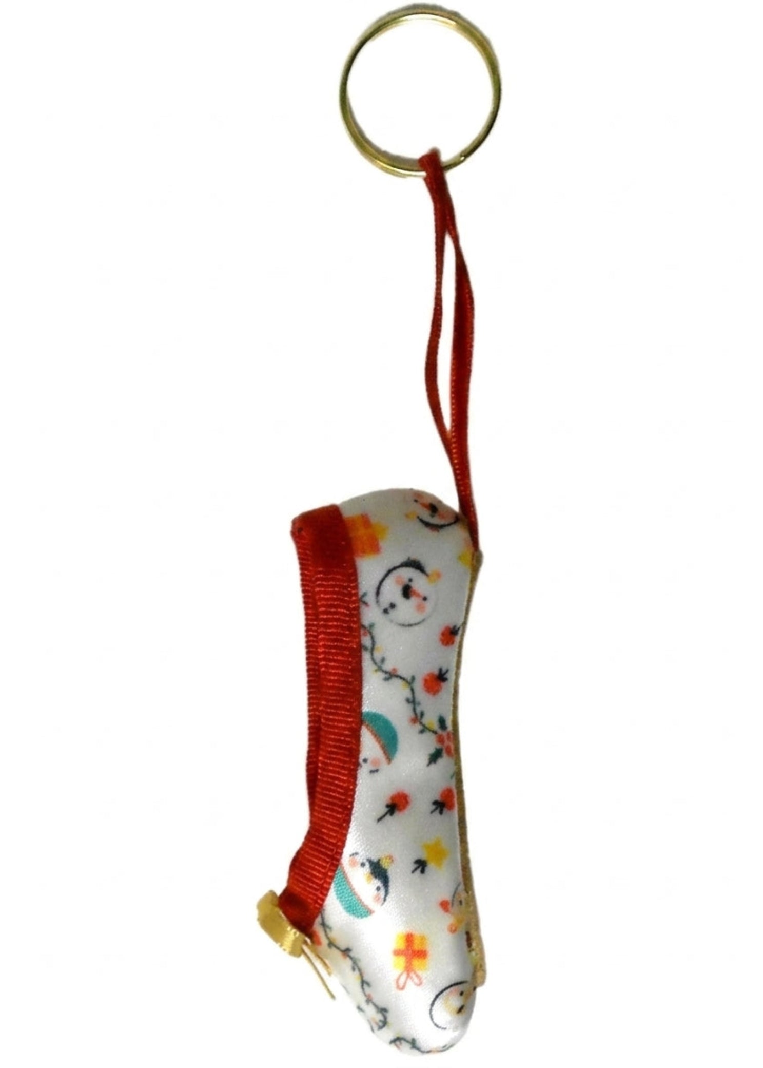 Pillows for Pointes Holiday Mini Pointe Shoe Keychains in White, hanging side view showing satin shoe and ribbon loop