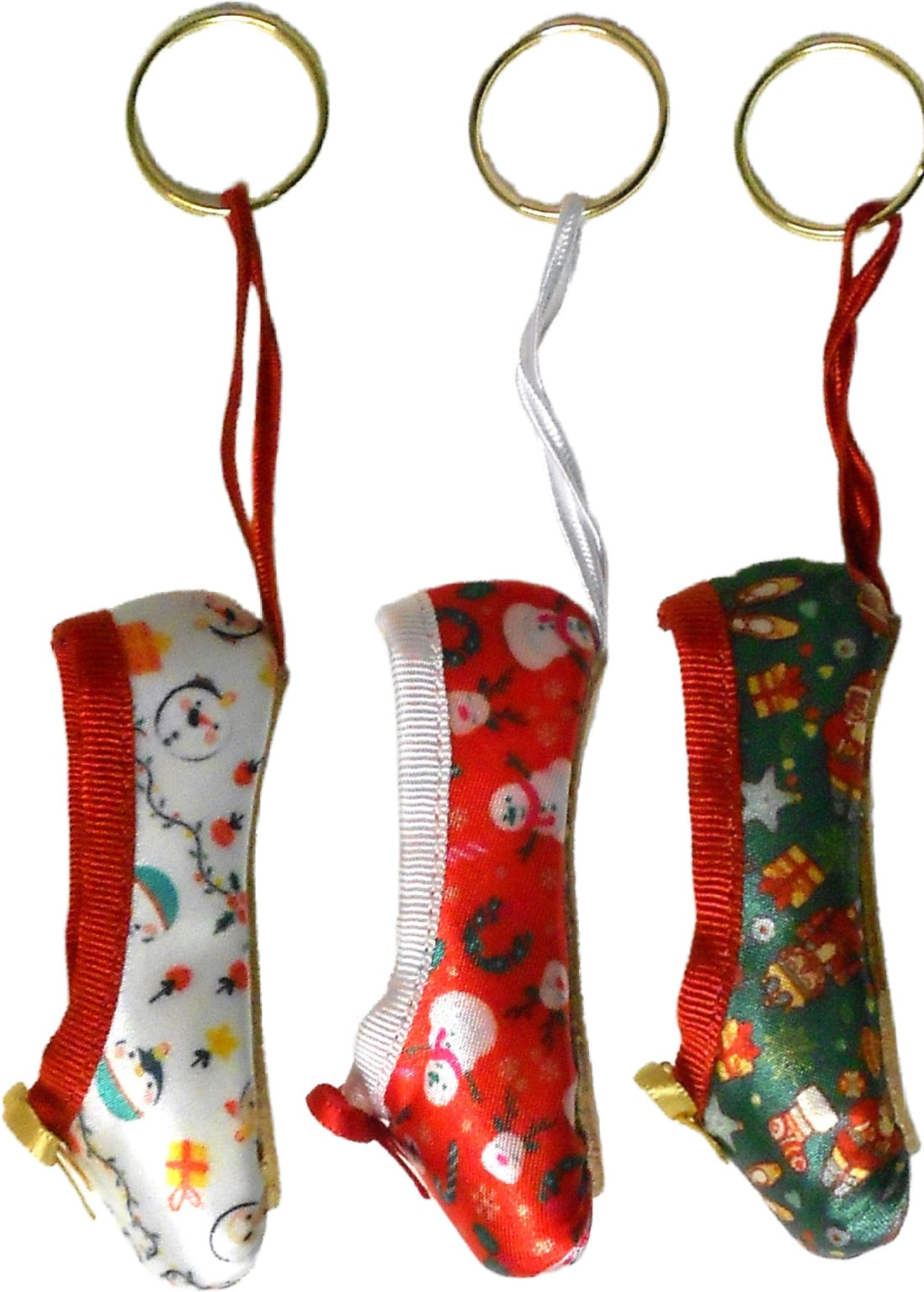 Pillows for Pointes Holiday Mini Pointe Shoe Keychains, collection view showing three festive satin designs