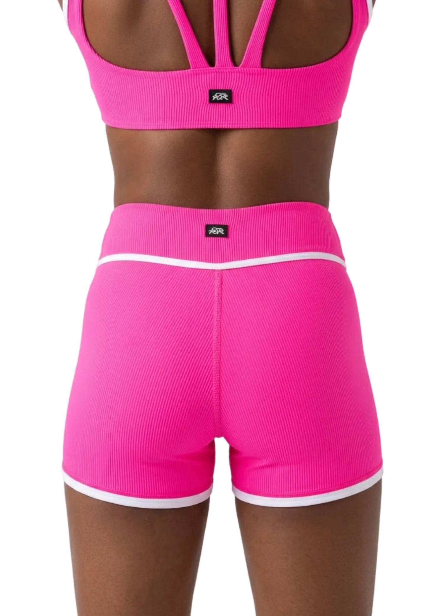 Tiger Friday Horizon Ribbed Shorties in Malibu, back view of ribbed shorts with contrast piping