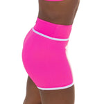 Tiger Friday Horizon Ribbed Shorties in Malibu, side view showing contrast piping on fitted ribbed shorts