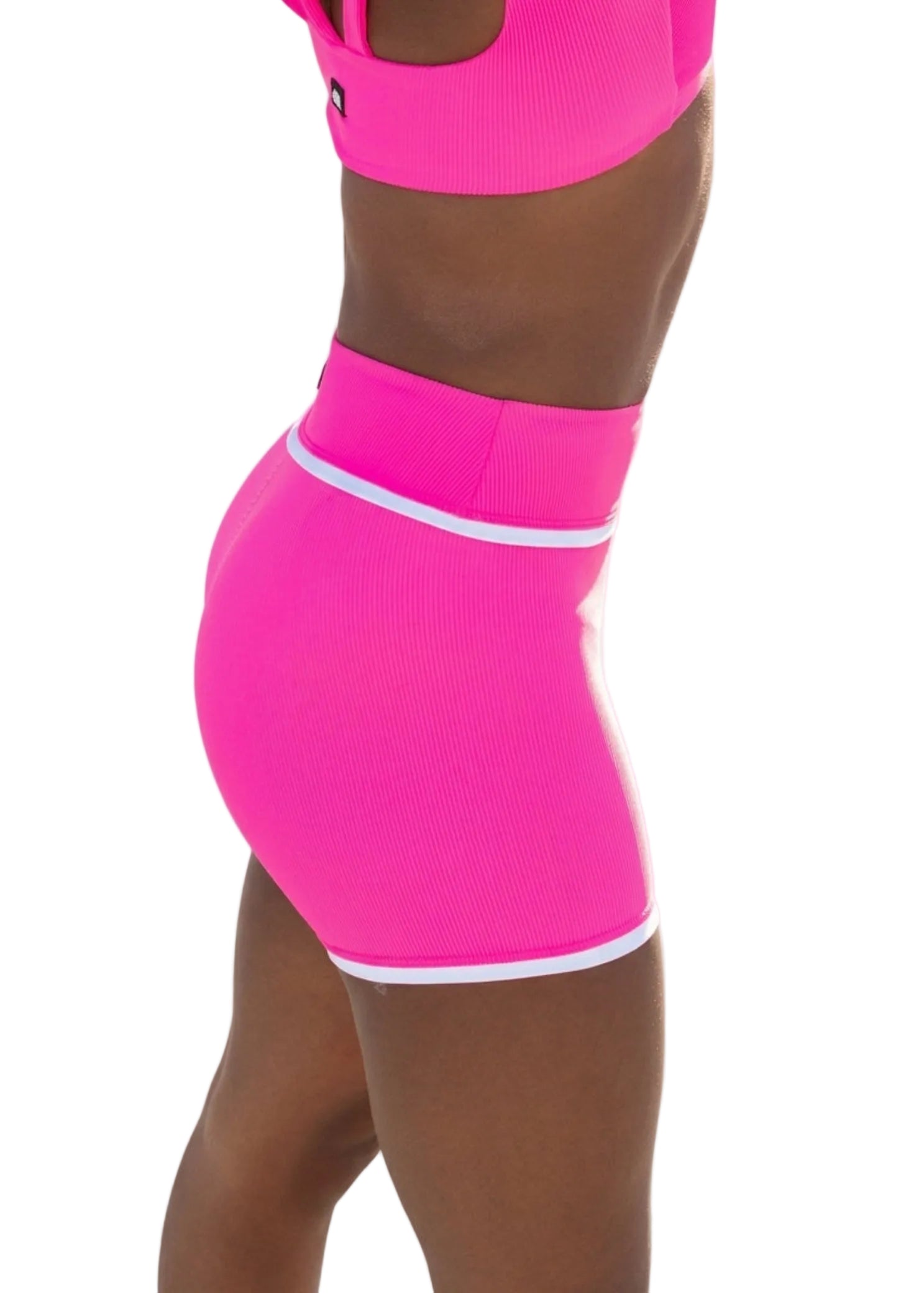 Tiger Friday Horizon Ribbed Shorties in Malibu, side view showing contrast piping on fitted ribbed shorts