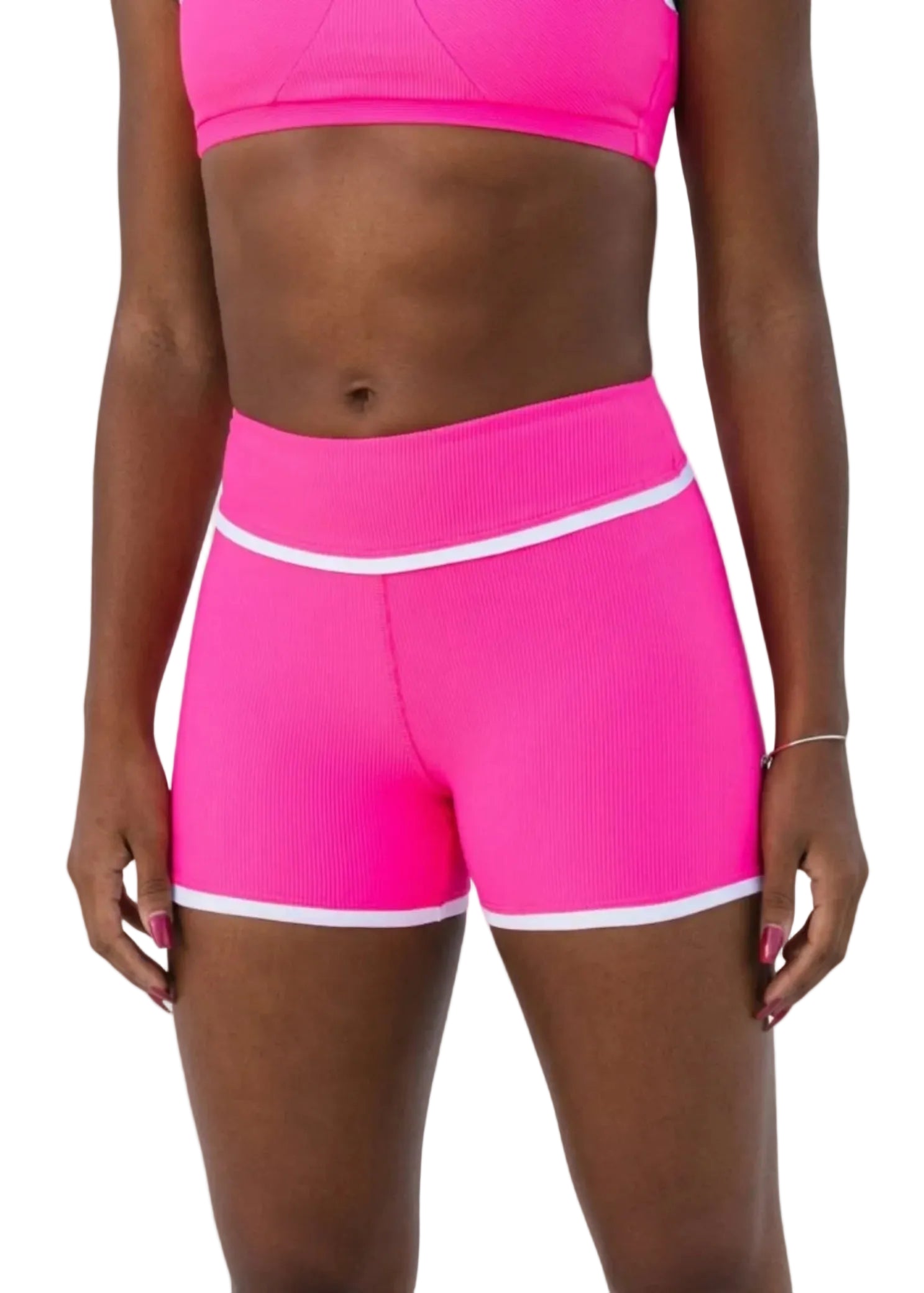 Tiger Friday Horizon Ribbed Shorty in Malibu, front view of fitted ribbed shorts with contrast piping