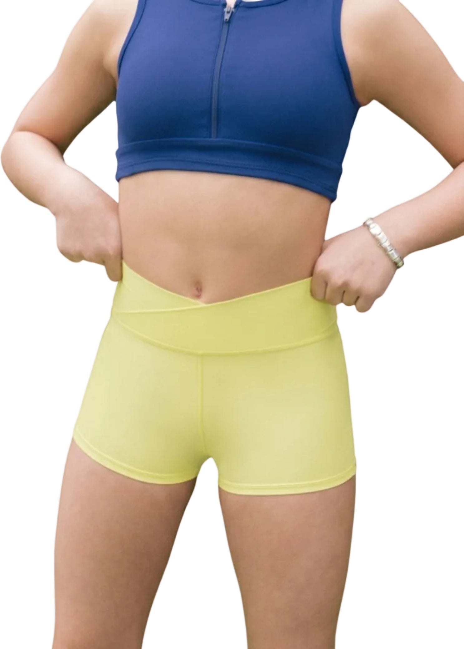 Tiger Friday Hot Cross Shorty in Butter, front view showing V-shaped crossover waistband and fitted shorts