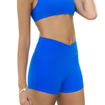 Tiger Friday Hot Cross Shorty in Capri, side view showing capri-length dance shorts with crossover waistband