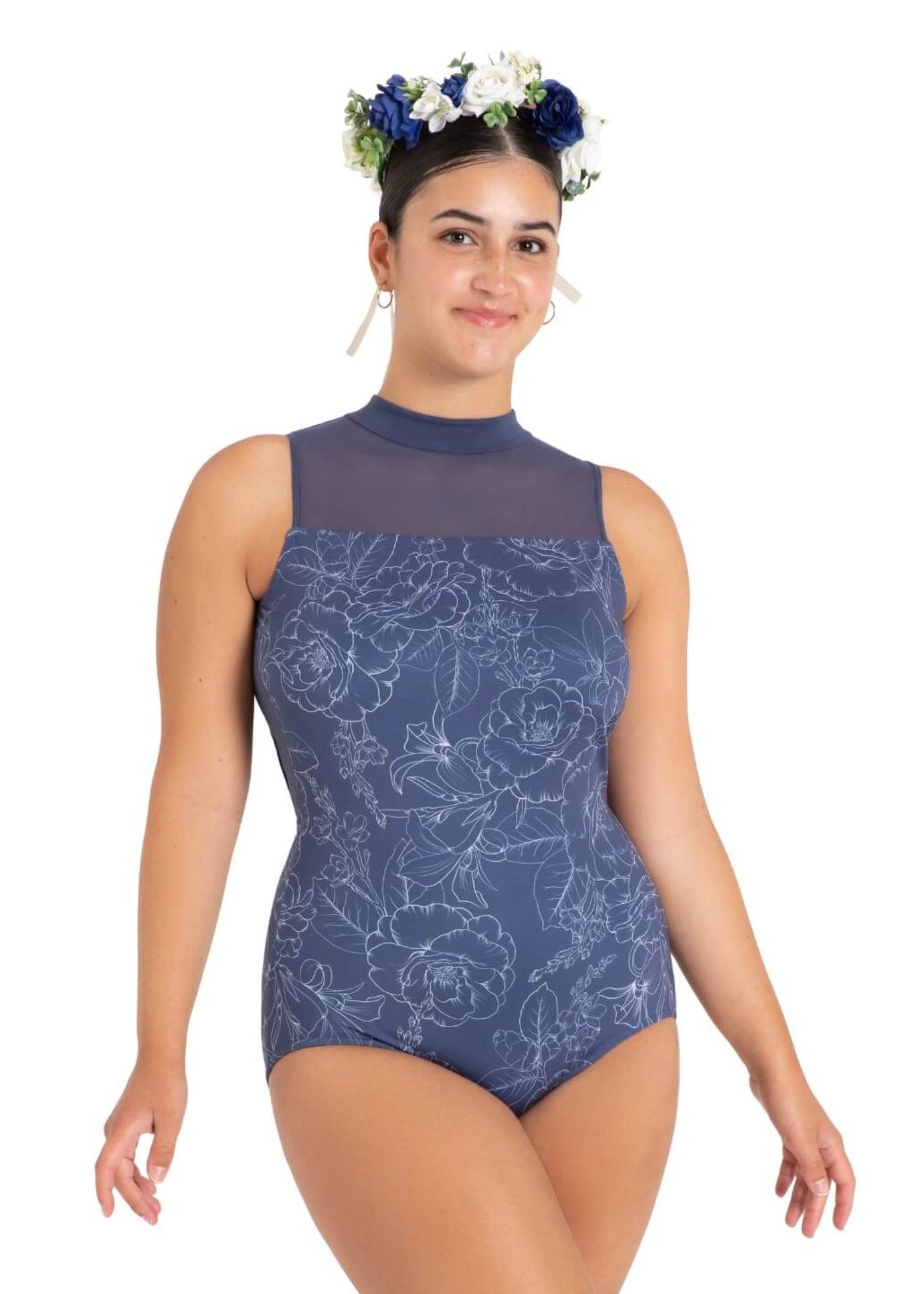 Hyacinth Leotard Outline Floral Blue front view
