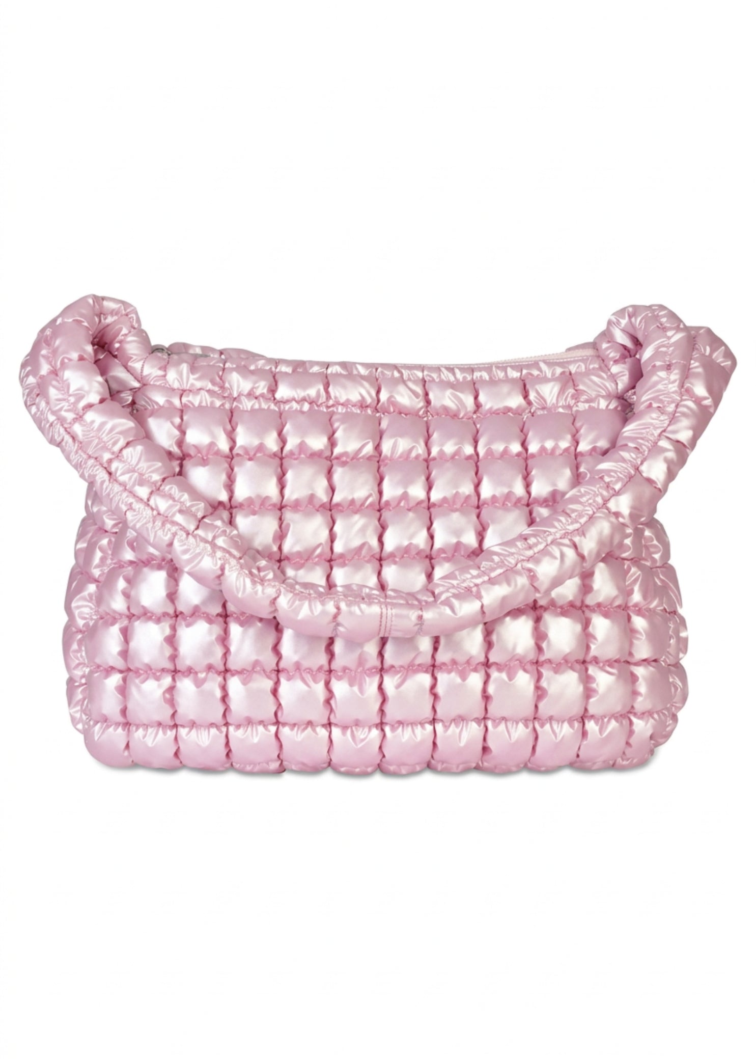 Iscream Icy Rose Puffer Overnight Bag in Icy Rose, front view showing metallic quilting and padded strap