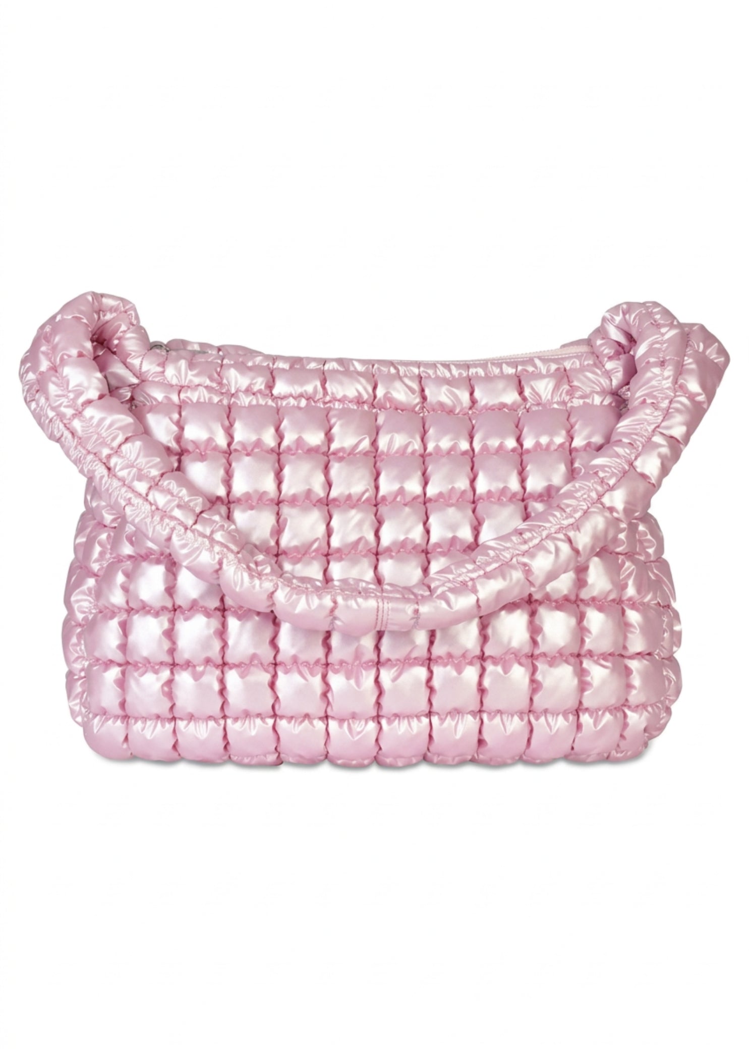 Iscream Icy Rose Puffer Overnight Bag in Icy Rose, front view showing metallic quilting and padded strap