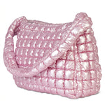 Iscream Icy Rose Puffer Overnight Bag in Icy Rose, left side view showing quilted gusset and padded strap
