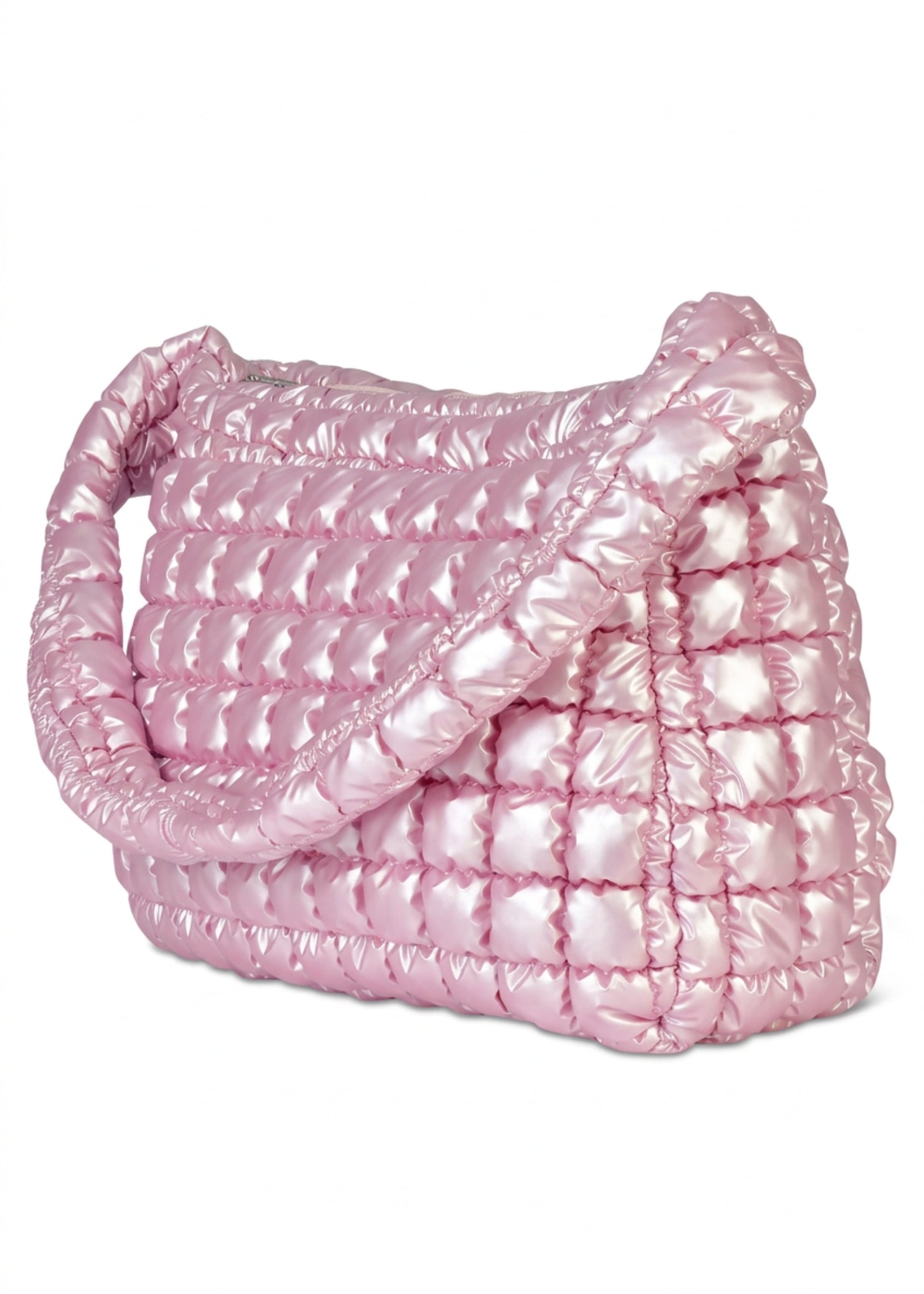 Iscream Icy Rose Puffer Overnight Bag in Icy Rose, left side view showing quilted gusset and padded strap