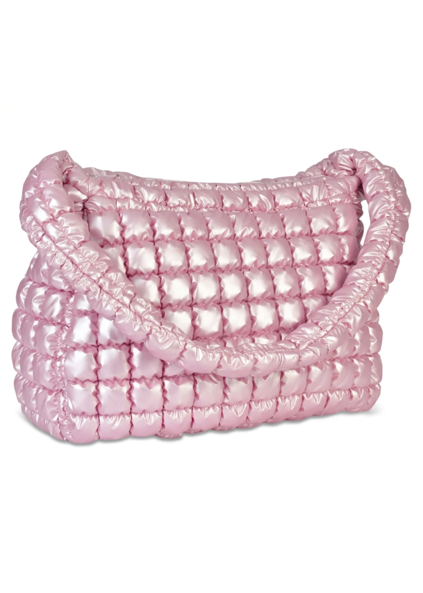 Iscream Icy Rose Puffer Overnight Bag in Icy Rose, right side view showing glossy quilting and rectangular shape