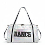 Dasha Designs iridescent dance duffel in pink and lavender, front view showing bold DANCE lettering, striped straps, and zip closure