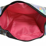 Dasha Designs Iridescent Pro Duffel in Pink and Lavender, interior view showing main compartment and zip closure