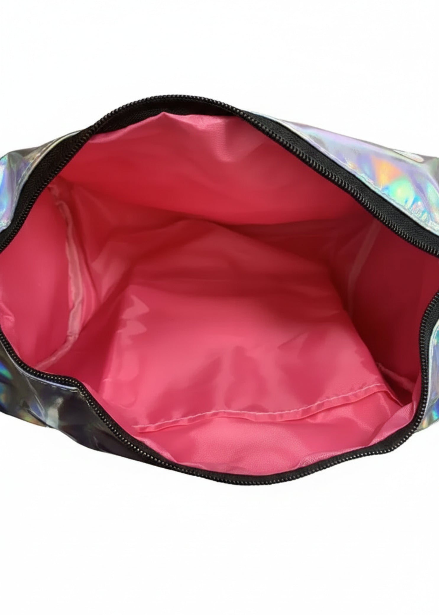 Dasha Designs Iridescent Pro Duffel in Pink and Lavender, interior view showing main compartment and zip closure