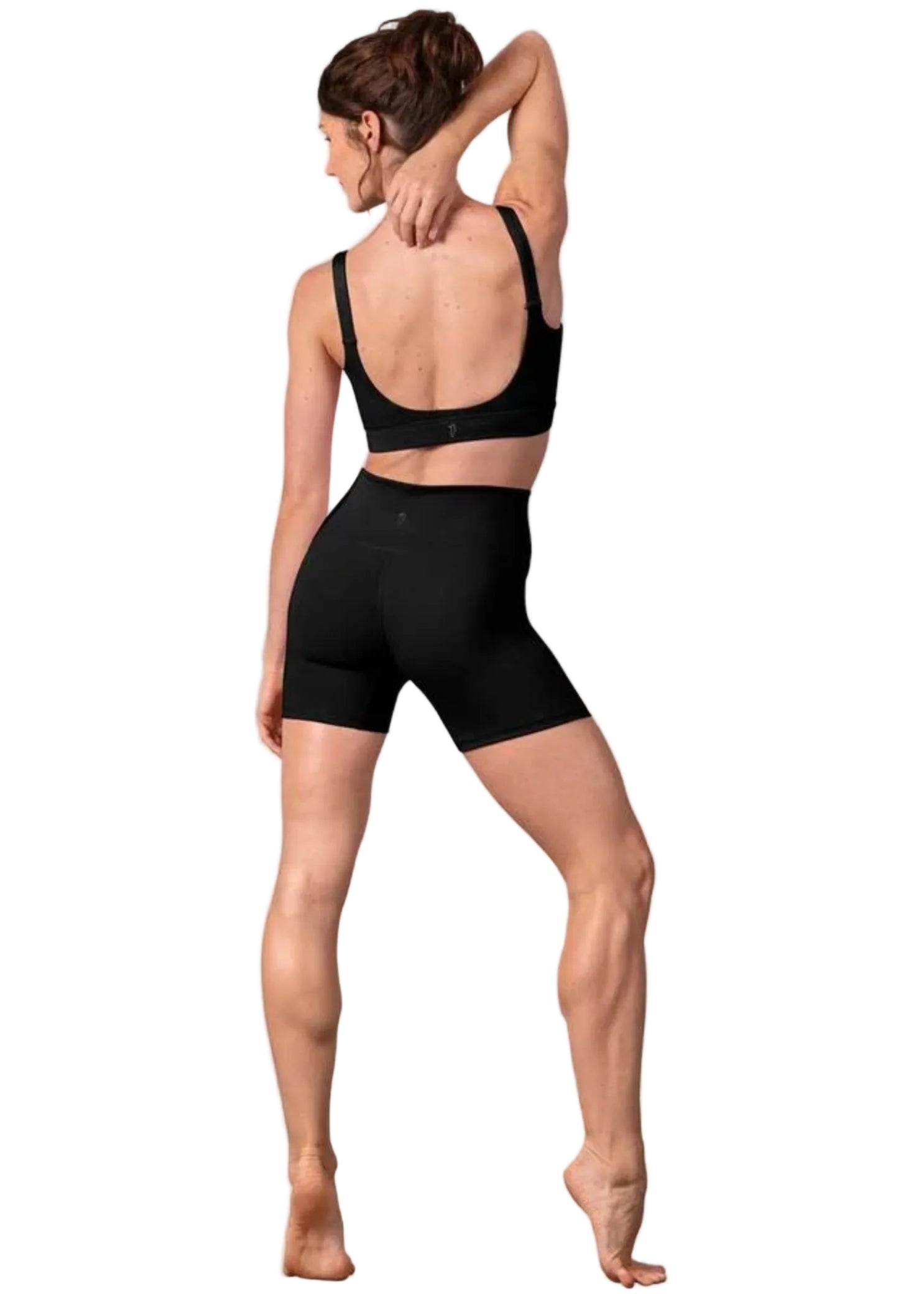 Bloch Jessica High Waist Short in Black, back view showing polyester-elastane fabric and fitted 5-inch legs