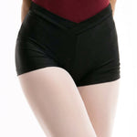 Sansha Jewel Short in Black, front view showing fitted dance shorts with V-line waistband