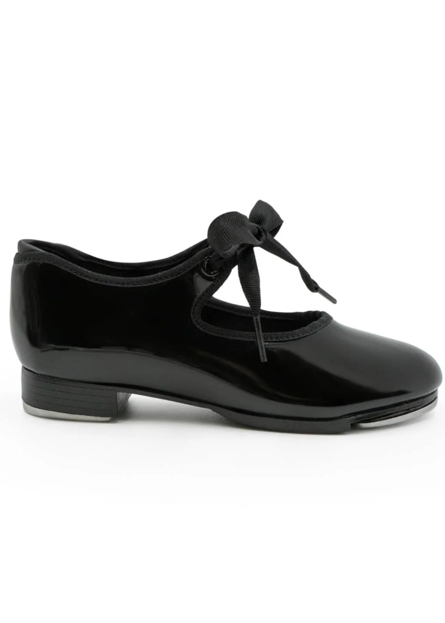 Capezio Jr. Tyette Tap Shoe in Patent Black, lateral side view showing patent PVC upper and grosgrain ribbon tie