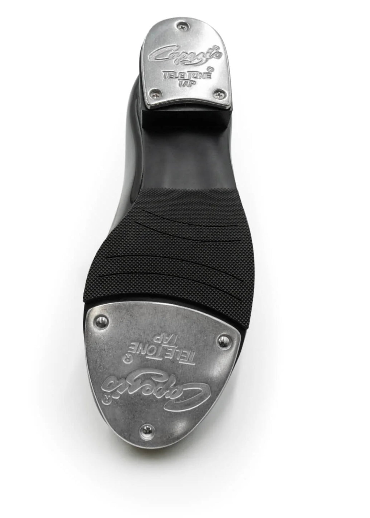 Capezio Jr. Tyette Tap Shoe in Patent Black, outsole view showing Tele Tone taps and sole construction