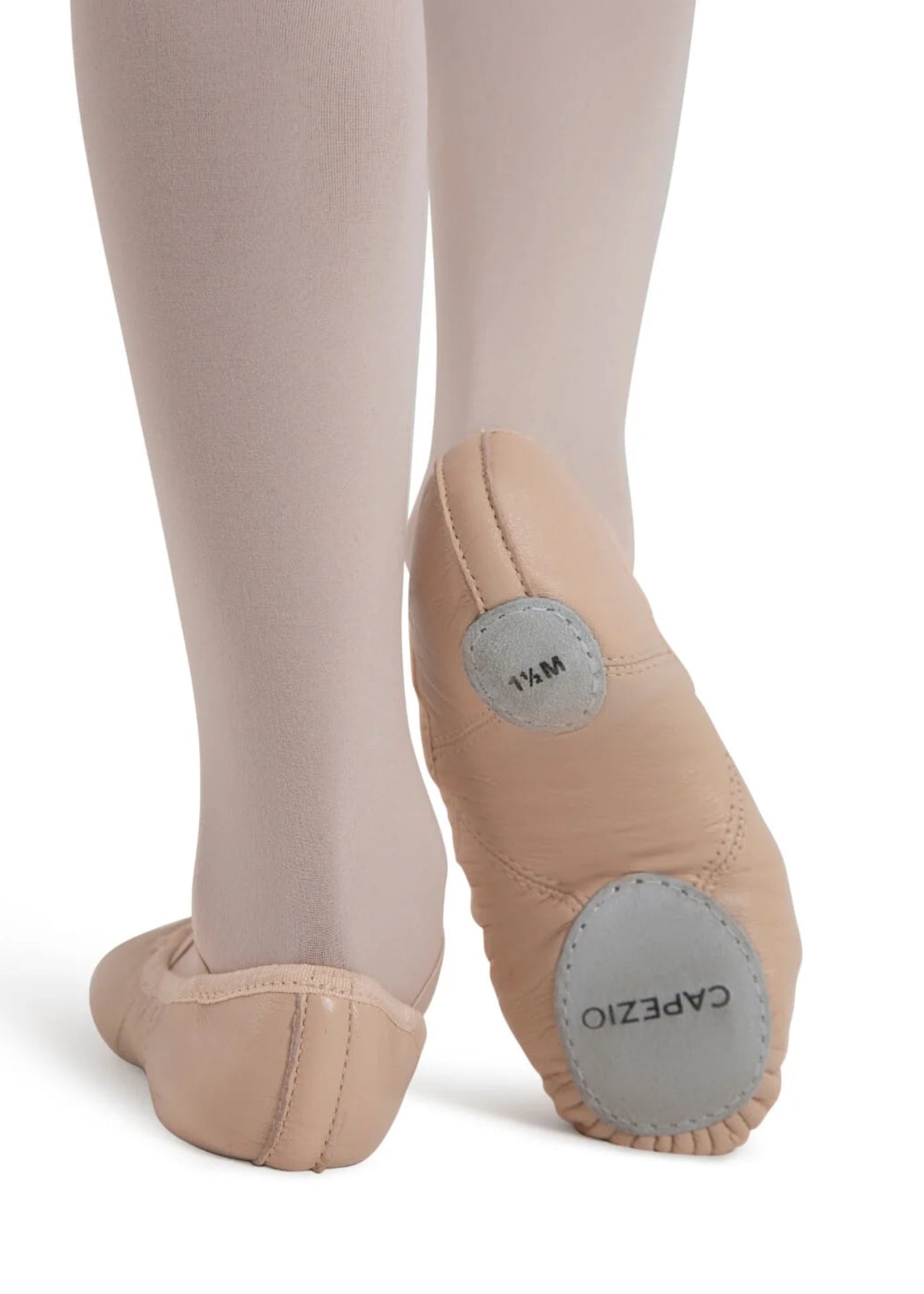 Capezio Juliet Leather Ballet Shoe in Light Pink, back view showing leather heel counter and suede outsole