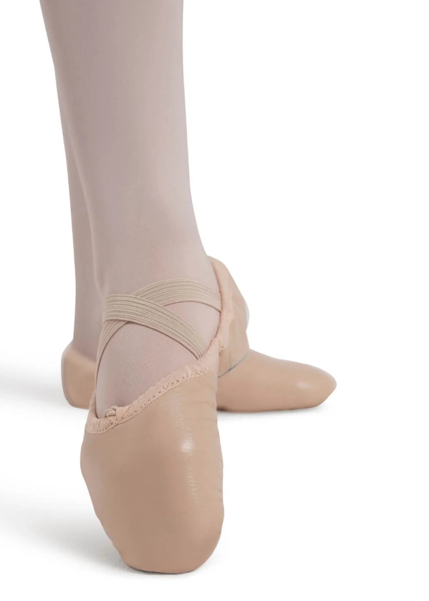 Capezio Juliet Leather Ballet Shoe in Light Pink, front view showing leather upper with criss-cross elastics and drawstring