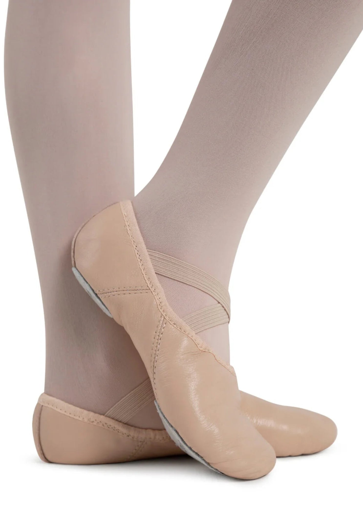 Capezio Juliet Leather Ballet Shoe in Light Pink, lateral side view showing leather upper with criss-cross elastics