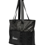Horizon Designs Kensington Tote in Black, angled side view showing tote silhouette and top handles