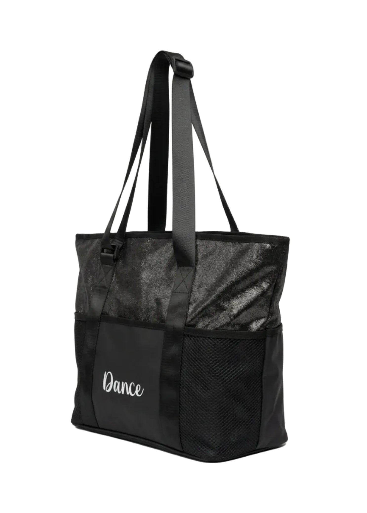 Horizon Designs Kensington Tote in Black, angled side view showing tote silhouette and top handles