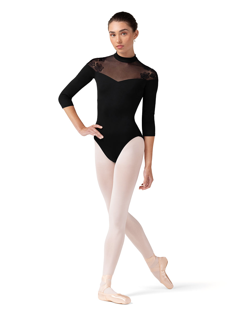 3/4 Sleeve Leotard Black front view