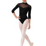 3/4 Sleeve Leotard Black front view