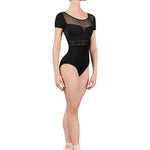 V-Back Cap Sleeve Leotard Black front view