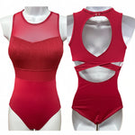 Andrea Mesh Yoke Leotard Autumn Red front and back view