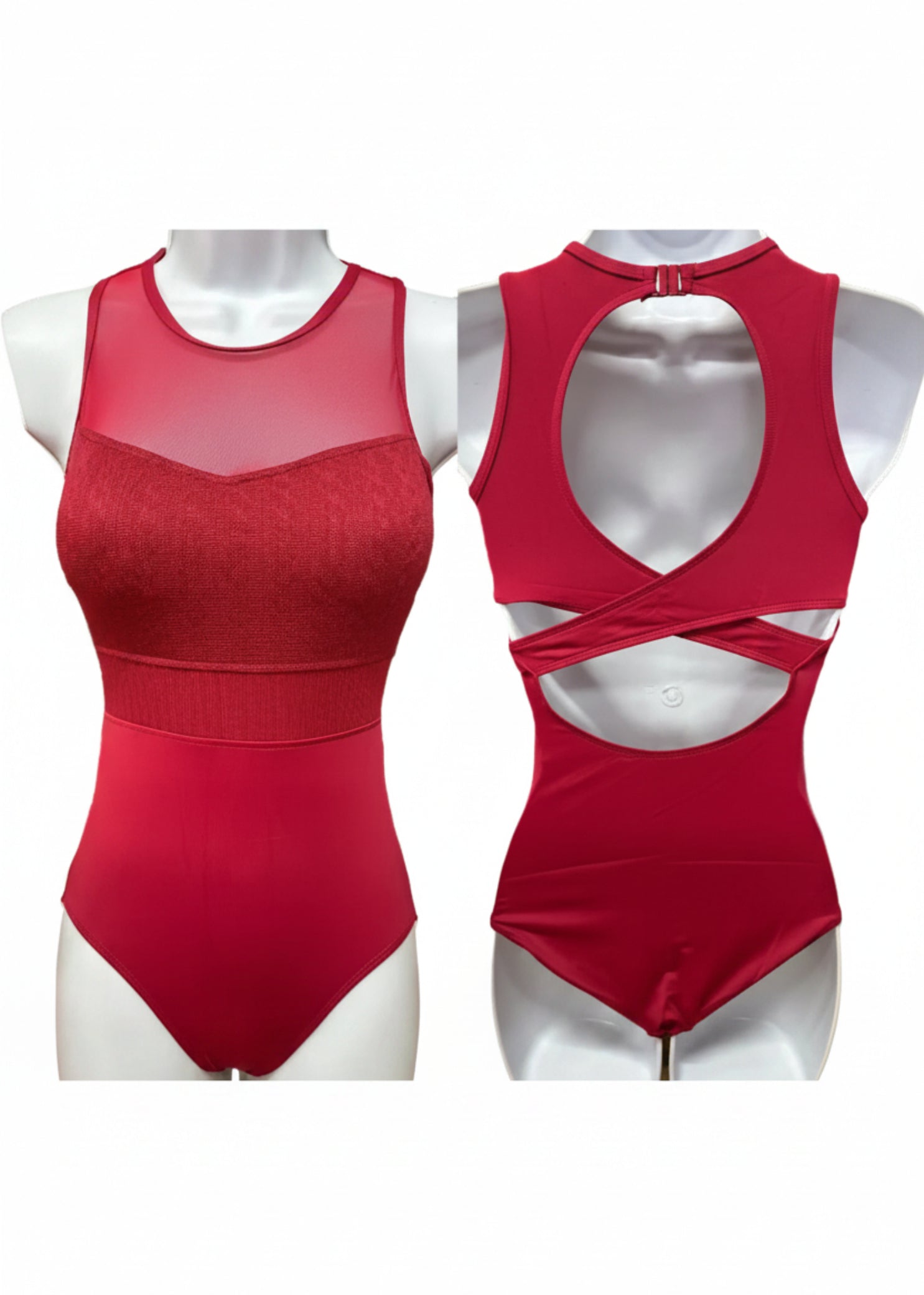 Andrea Mesh Yoke Leotard Autumn Red front and back view