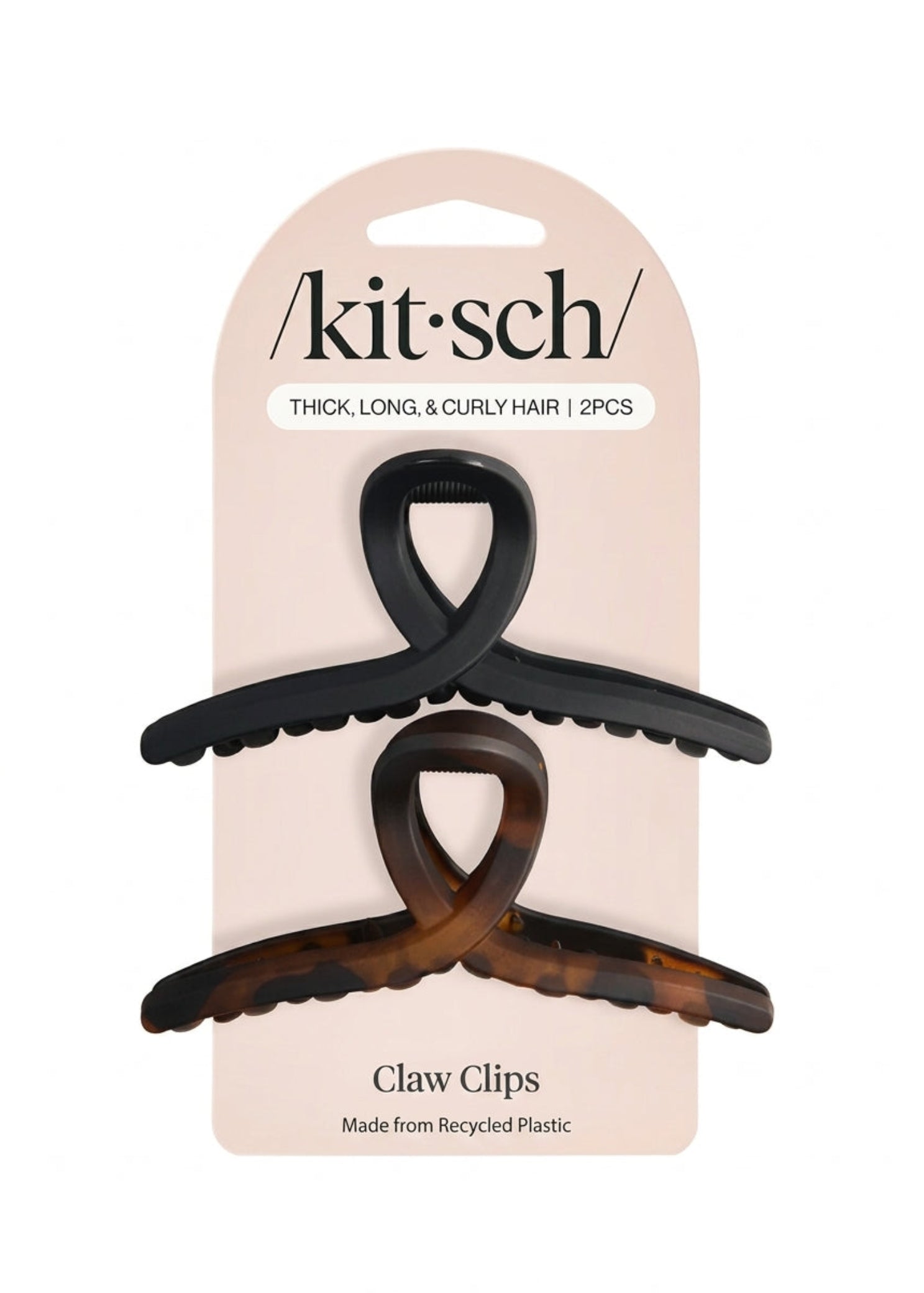Kitsch Large Loop Claw Clips 2-pack, packaging view showing retail card with matte black and tortoise clips