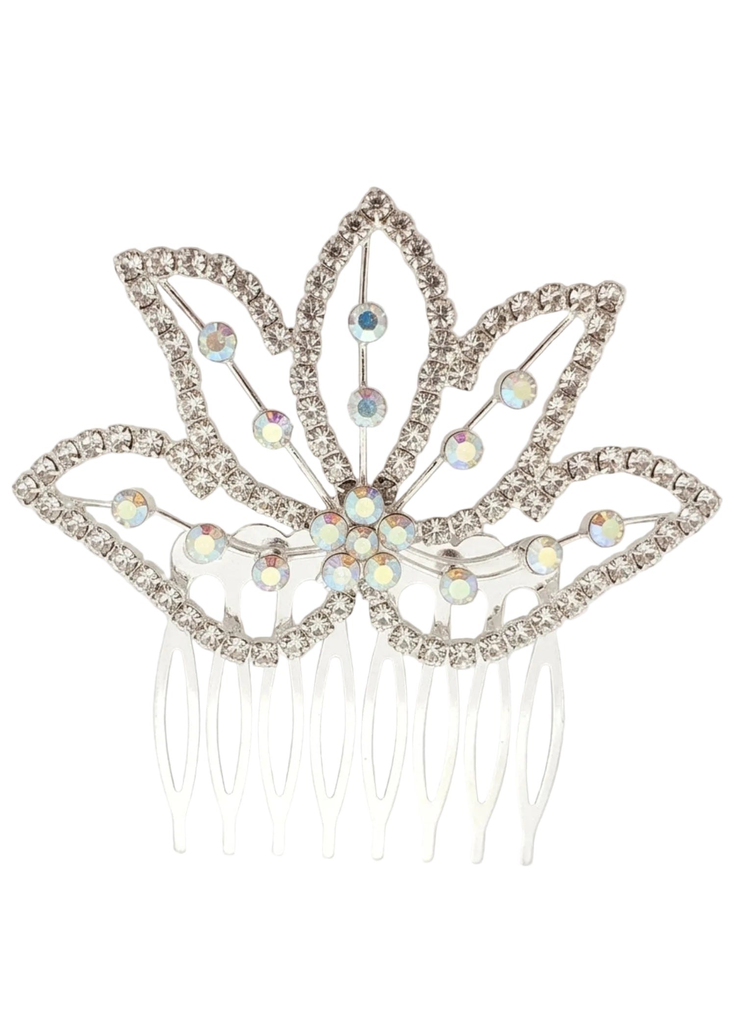 FH2 Leafy Crystal Hair Comb in Crystal, front view showing leaf rhinestone design with AB center stones