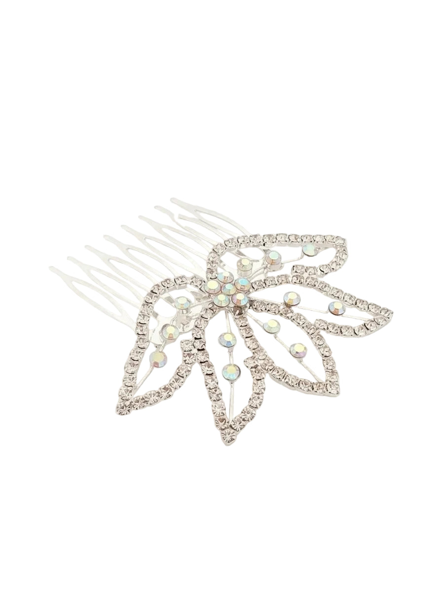 FH2 Leafy Crystal Hair Comb in Crystal, angled front view showing leaf rhinestone design and comb teeth