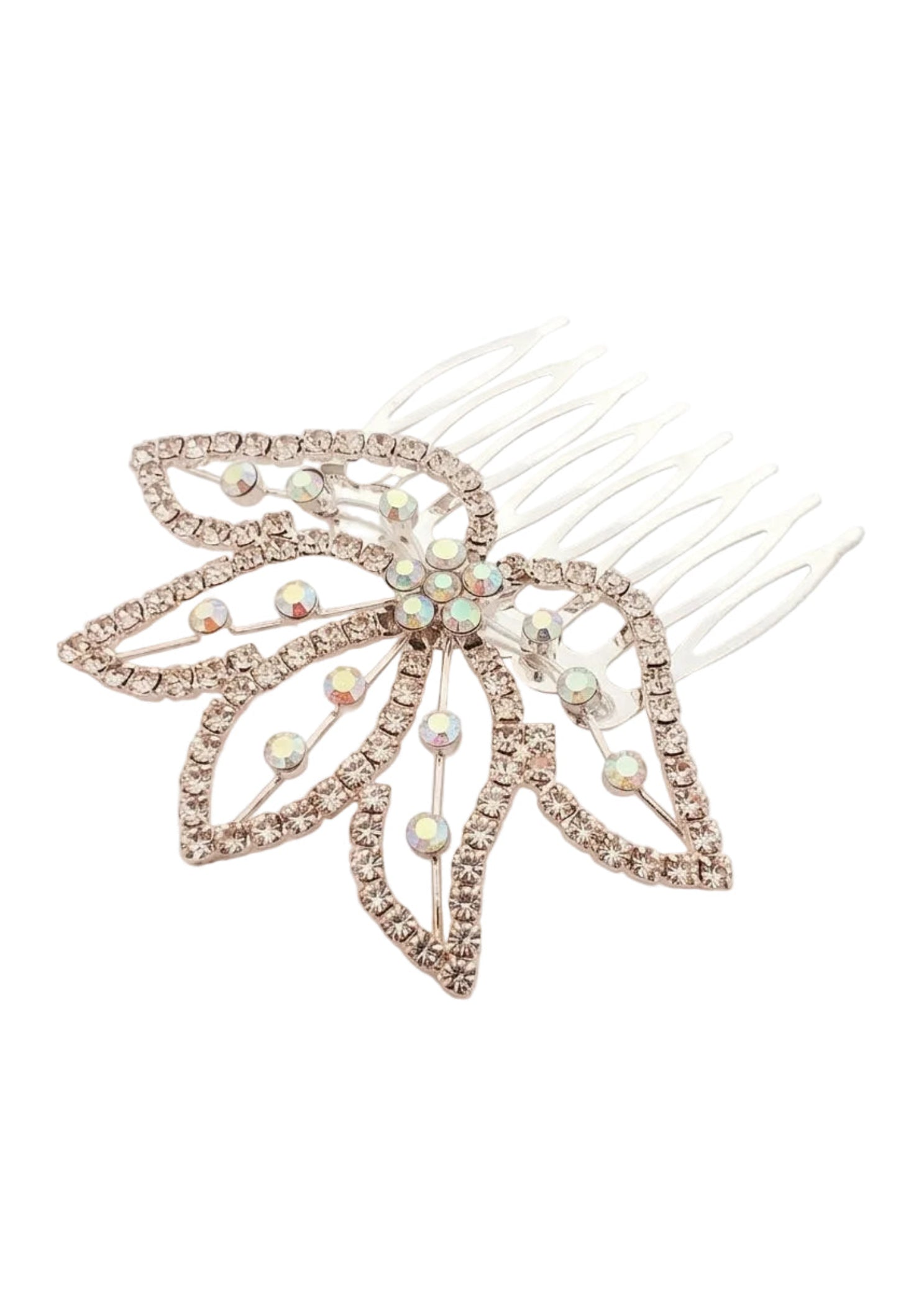 FH2 Leafy Crystal Hair Comb in Crystal, detail view showing leaf rhinestone design and comb teeth